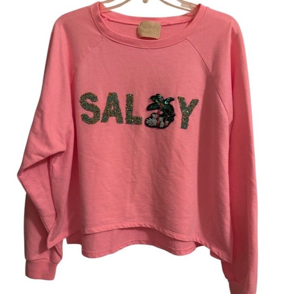 Judith March Pink Graphic Cropped Summer Sweatshirt Large. Beaded “SALTY” . Leg